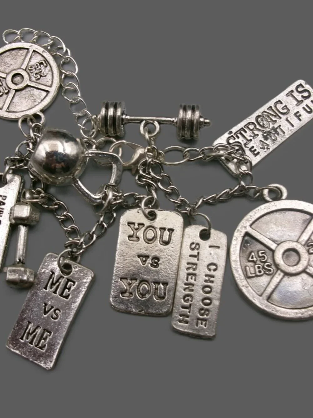 Silver Gym Fitness Motivational Charm Bracelet, Weigts, Dumbbell, Kettle Ball